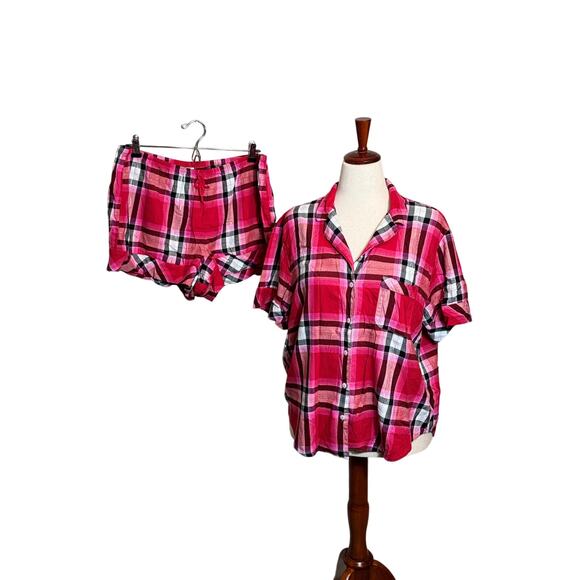 Victoria's Secret flannel pajama set pink black plaid shorts & button top Sz L - Picture 1 of 10